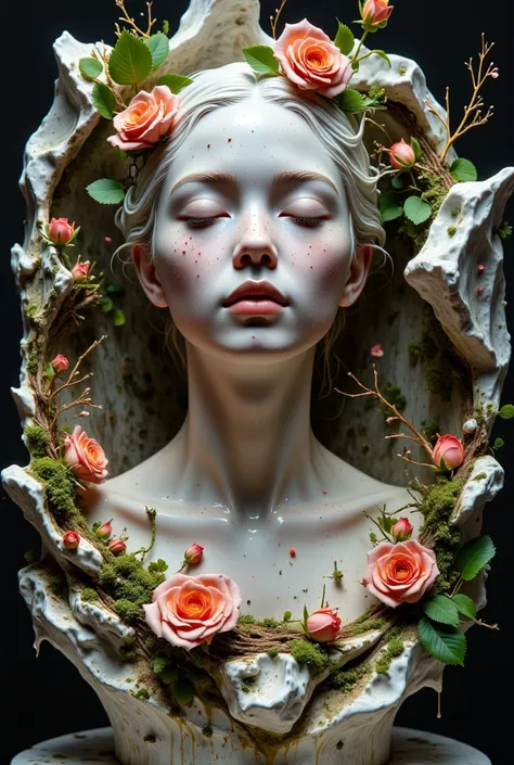 a detailed portrait sculpture of a person with eyes closed and head tilted back, in a forest setting with moss and small animals...