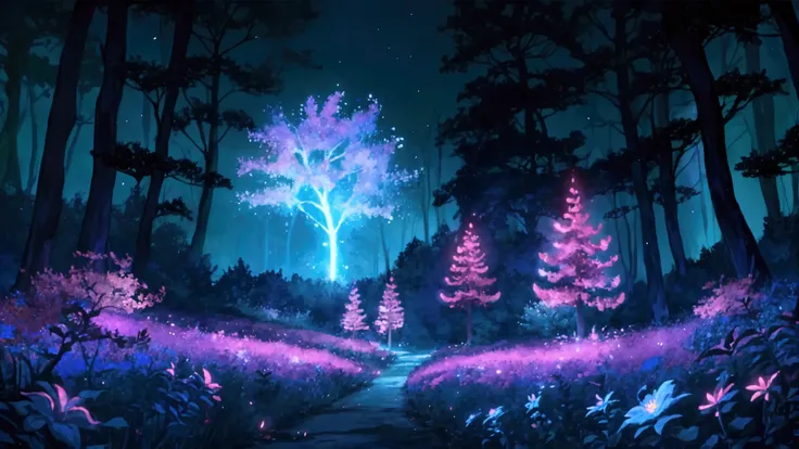 Glowing Forest Dark Night Sparkling , Lofi anime style , floral , landscape , natural , Glowing Flower , japanese