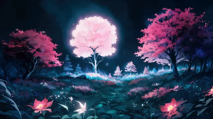 Glowing Forest Dark Night Sparkling , Lofi anime style , floral , landscape , natural , Glowing Flower , japanese