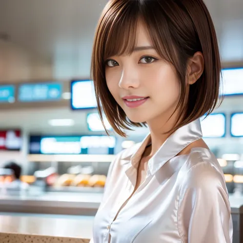 product quality, upper body shot, front view, airport cafe, girl, young beautiful japanese woman, short bob hair, hyper pretty f...