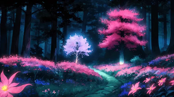 Glowing Forest Dark Night Sparkling , Lofi anime style , floral , landscape , natural , Glowing Flower , japanese