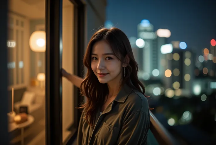 Candid photo at night of an asian college girl in the balcony of a hotel room in a shirt . The person is unaware they are being photographed. blurry, grainy, 1990s aesthetics, Kodak, easyshare, snapshot, out of focus and out of frame.