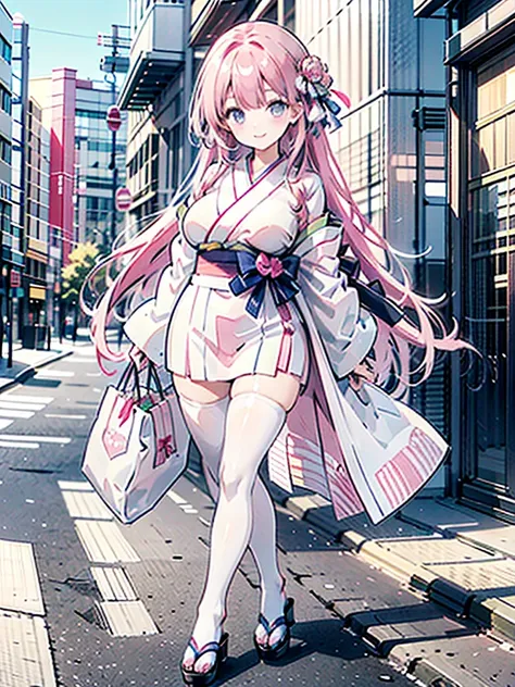 pink mini kimono　 pink hair straight long　busty　 plump thighs 　oversized breasts　sandals　kyoto downtown　bag
very long hair , lar...