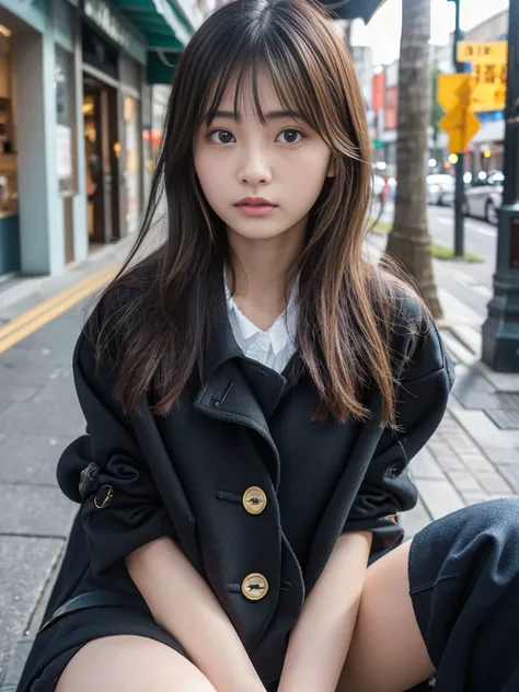  Asuka Langley 、Street Corner,  1 girl, Alone, (masterpiece,  best quality , 8k,,Realistic, Real Girls, mulberry:1.37),  look up at viewers , 20 year old delicate Japanese  ,  Slim Body : 1.1, Small breasts, Sitting, Fashionable clothes, Droopy eyes, Black...