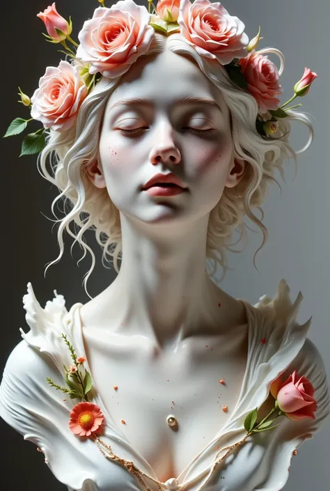 a close up of a statue of a woman with flowers on her head, digital art by oliver sin, zbrush central contest winner, digital ar...