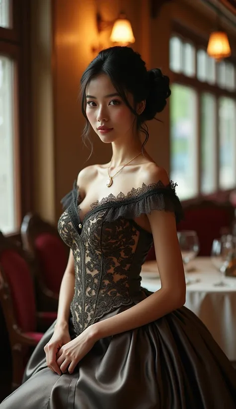 Low angle shot, very beautiful Thai girl wearing victorian dress, hourglass figure, sitting in vintage restuarant, realistic image, sfw