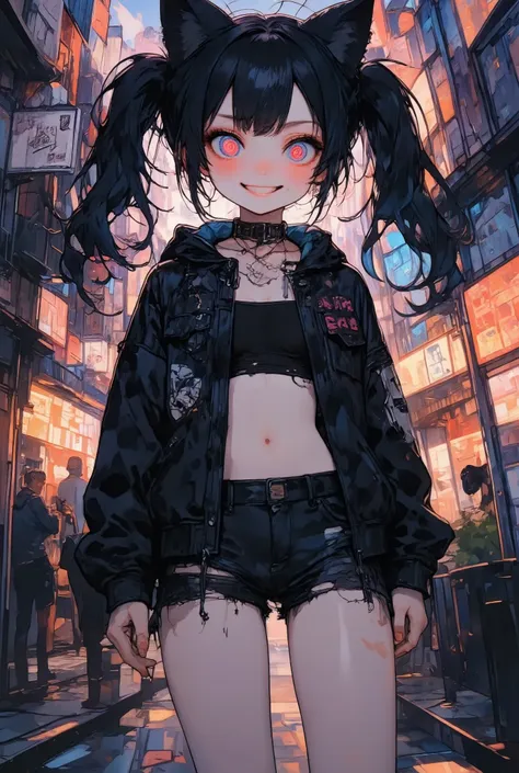 girl(cute, kawaii, age of 12,evil smile,evil smile,black hair,long hair,twin tails hair,pale skin, skin color blue, red eyes, eyes shining,big eyes,breast,punk fashion,ripped clothes,tight tube top,tight hot pants,stomach shown,ripped black short jacket,fl...