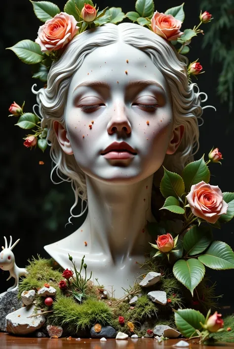 a detailed portrait sculpture of a person with eyes closed and head tilted back, in a forest setting with moss and small animals...