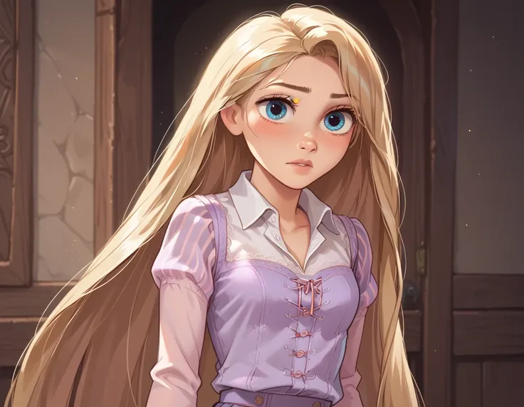 1girl ,rapunzel,,skinny, beautiful, blue eyes, ((white collared shirt, pleated miniskirt)),