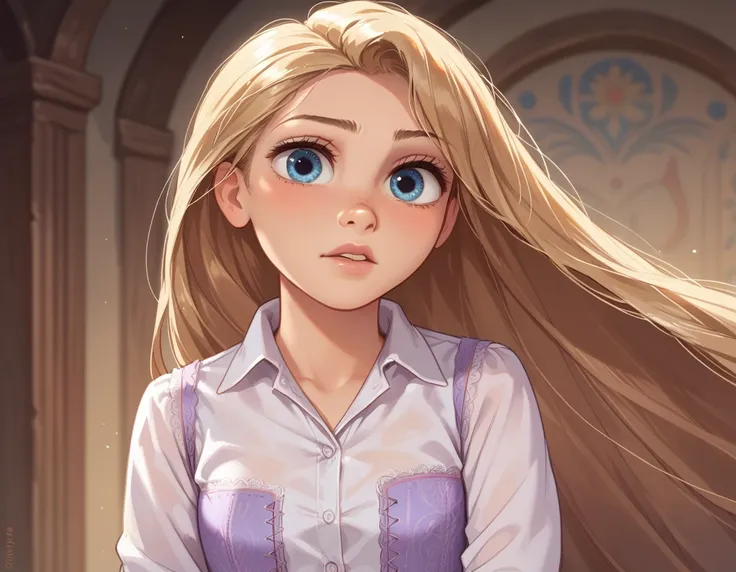 1girl ,rapunzel,,skinny, beautiful, blue eyes, ((white collared shirt, pleated miniskirt)),