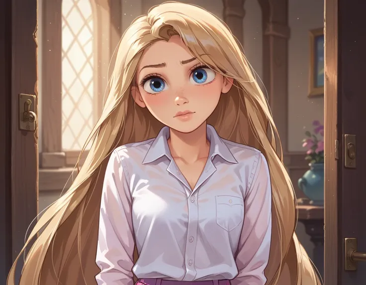 1girl ,rapunzel,,skinny, beautiful, blue eyes, ((white collared shirt, pleated miniskirt)),