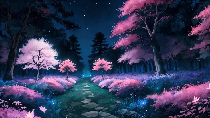 Glowing Forest Dark Night Sparkling , Lofi anime style , floral , landscape , natural , Glowing Flower , japanese ,Japan