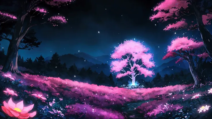Glowing Forest Dark Night Sparkling , Lofi anime style , floral , landscape , natural , Glowing Flower , japanese ,Japan