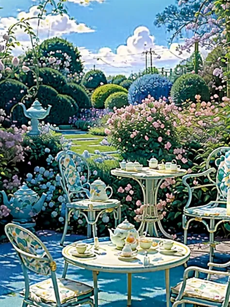 dvd screengrab from studio ghibli movie, (beautiful garden with a table chairs and tea set:1.4), clouds on blue sky, designed by...