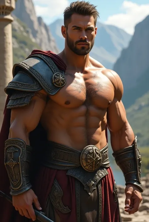 hyperrealistic image of extremely handsome warrior, have glistening body