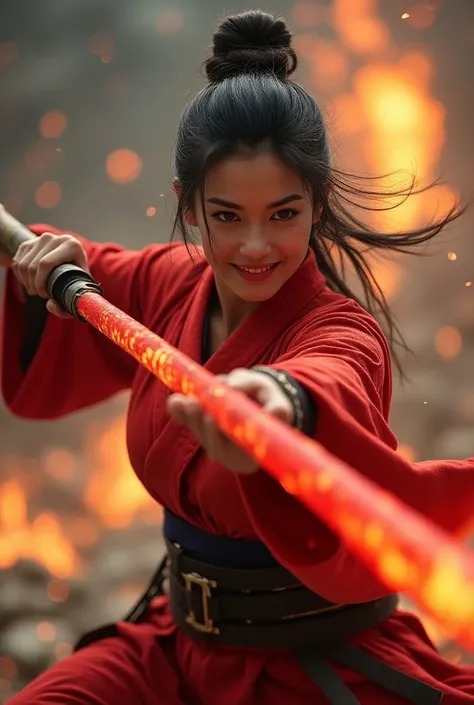 A beautiful Japanese woman holding a fiery red gorgeous giant spear and entering an attacking position has a fearless smile on her face and points a giant spear at us、Wearing a red battle suit