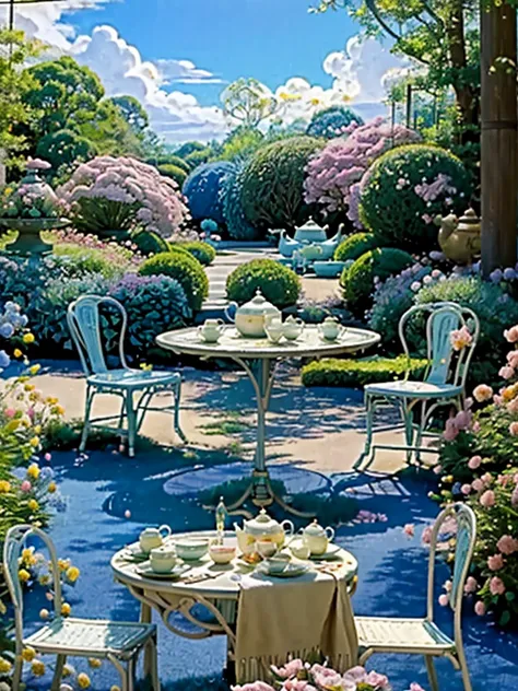 dvd screengrab from studio ghibli movie, (beautiful garden with a table chairs and tea set:1.4), clouds on blue sky, designed by...