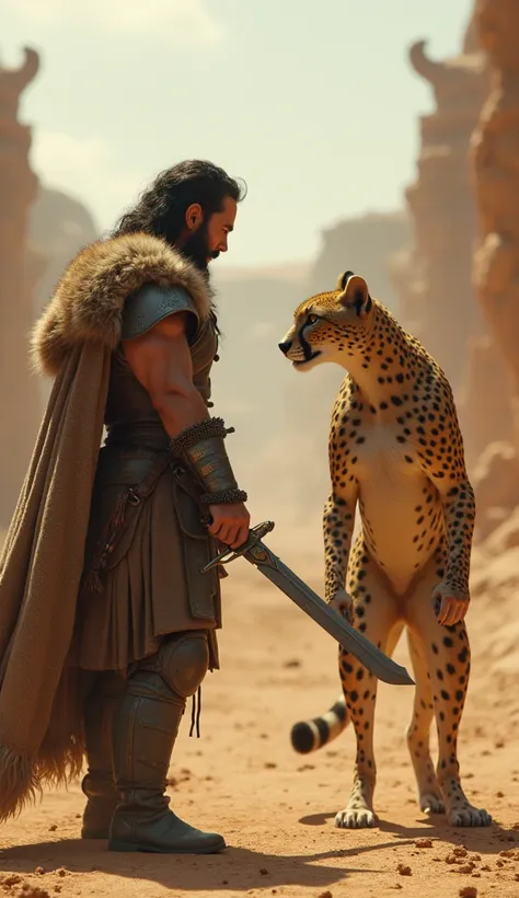 an image of a man dressed in armor and holding a sword in front of a, in the croods movie style, tiktok video, humanoid cheetah, trending on tiktok, still from a live action movie, scene from live action movie, tiktok 4 k uhd image, wearing barbarian cavem...