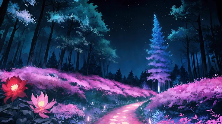 Glowing Forest Dark Night Sparkling , Lofi anime style , floral , landscape , natural , Glowing Flower , Japan