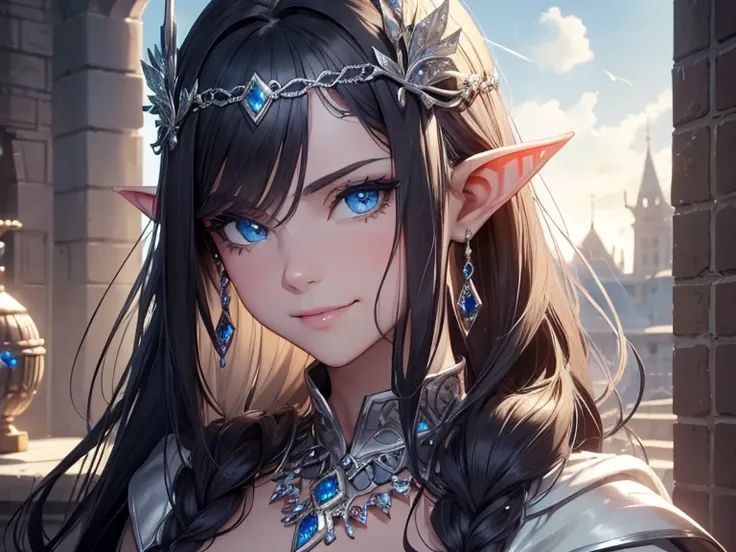 score_9, (fantasy roman city background)1.5, (standing pose)1.5, (full body shot)2, female elf, (small patches of silver scales on skin)1.5, elf, (all black hair)1.5, hairstyle same as reference picture, revealing fantasy roman clothes, white clothes, shee...