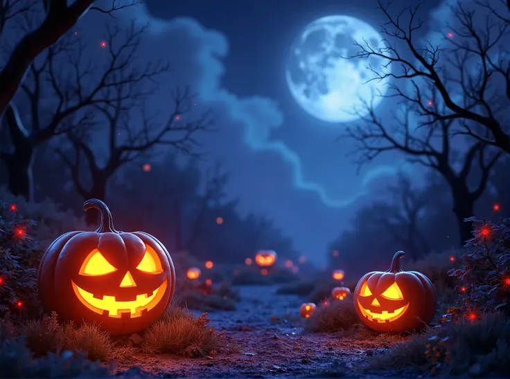C4D modeling,OC rendering,a halloween C4D poster, a magical scene,Jack-o&#39;-lantern，  Blue-purple hue，Background Image， dark night, full moon, orange sky,
(best quality,4K,8k,highres,masterpiece:1.15),ultra-detailed,realistic,photo-realistic:1.37,cinemat...