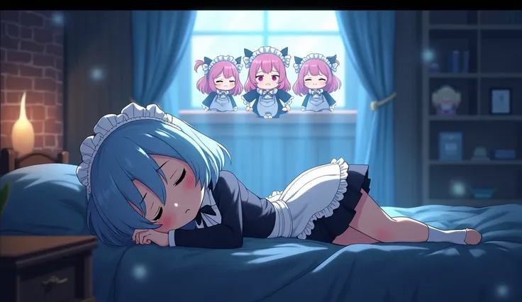 (( best quality )), ((masterpiece)), ( Details), Light blue hair, short bobbed hair, maid outfit. A tired-looking Lem is lying in a dark room with her eyes closed in a fantasy world. , There is a bright haze overhead, and in the haze, many short pink-haire...