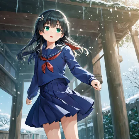 Saten Ruiko,Long sleeve blue sailor suit, cowboy shot,Green,Outside,winter， 幼児underwear, Flip-up skirt, 子供綿pantsI can see, Low angle,  flipping through skirts ,  angle from directly below ,  crotch close-up , Look under the skirt, pants（underwear）I can see...