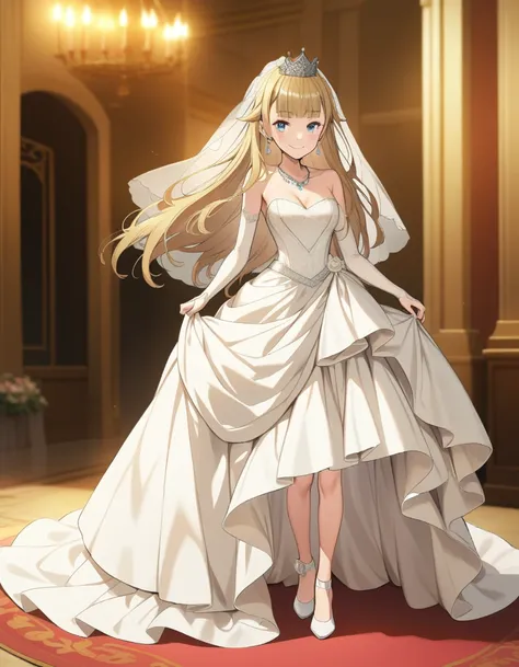 ((Best quality))), ((Ultra-detailed)), ((illustration)), ((Disheveled hair)), ((frilld)), (1 girl), (Solo),,1girl, solo, rating:safe, wedding, bare_shoulders, blonde_hair, blue_eyes, breasts, bridal_gauntlets, bridal_veil, cleavage, clothing, crown, curtse...