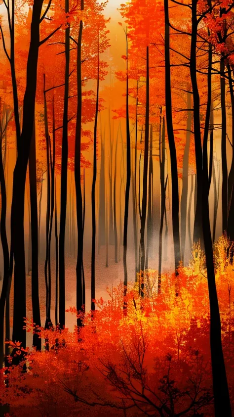 a forest that appears to be made of fire, yet without burning. the trees have bark the color of glowing embers, and their leaves...