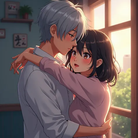 Anime images, 4K,man woman,Age 30,Silver hair,Wear a white shirt,,Handsome Korean face, Women with shaggy hair, cute face, man hugging woman