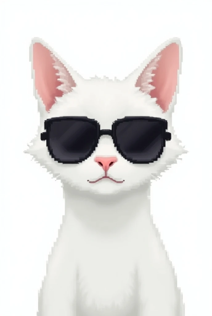 Im looking at the front of a white cat wearing black sunglasses with no white eyes, and I dont see the body in the YouTube profile picture, and I need a picture with a high-quality, clear white background like a 2D pixel dot comic with a focus on the face 