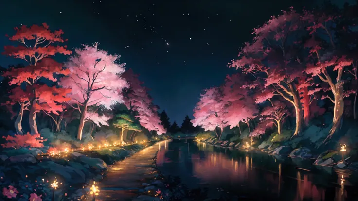 Glowing Forest Dark Night Sparkling , Lofi anime style , floral , landscape , natural , Glowing Flower , Japan, River