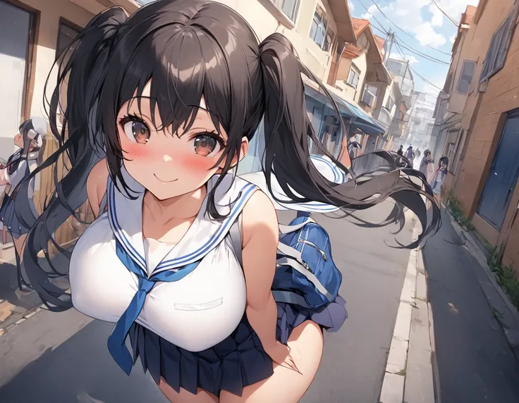 Alone:1.3 standing figures in the background is a composition seen from a distance in a residential area, black hair :1.Blushing :1. 3, a high school girl with dark blue pleated skirt wearing a dark blue tie wearing a blue tie wearing a white summer sailor...