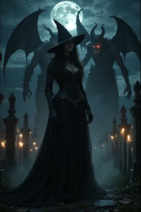 In a dimly lit, eerie cemetery at dusk, a ravishing female wizard stands tall, her intricate Wiccan makeup shimmering under the faint moonlight. Her large breasts are prominently displayed as she gazes defiantly at the snarling, hellish DEVIL SPAWN lurking...