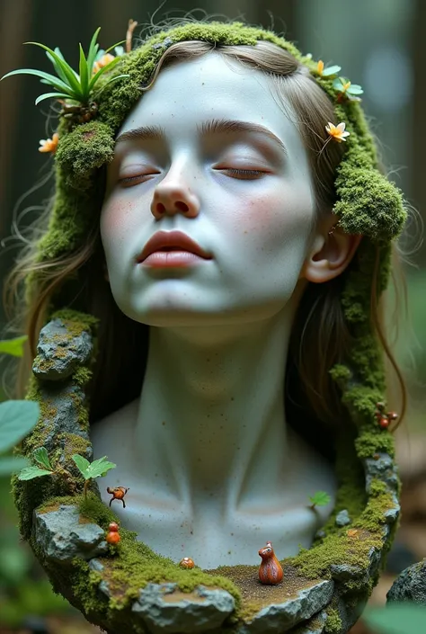 a detailed portrait sculpture of a person with eyes closed and head tilted back, in a forest setting with moss and small animals...