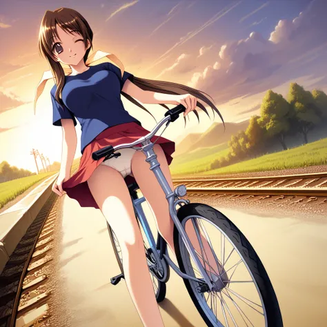 (超 Kampala, masterpiece,  anatomically correct, Best Quality, Kampala), misaki_was, Alone, ( riding a bicycle ) Asymmetrical Hair,  Low Ponytail , hair blow, cute, Big Breasts, detailed brown eyes, wink, detailed face, school gym shirt, very short school r...