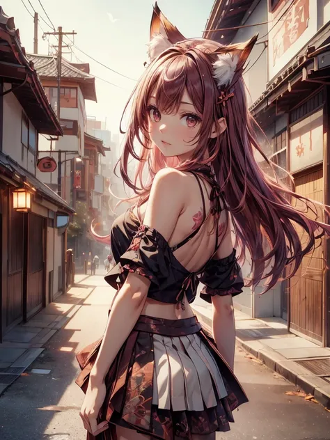 Beautiful Japanese girl, Pink and brown hair add high definition_Detail:1, kitsune ears,  tatuaje tribal Add _Detail:1, en el infierno Add _Detail, barefoot,  city, Evening, landscape, Add _Detail:1 ,  light blue saturation  , ( black blouse,  black belly ...