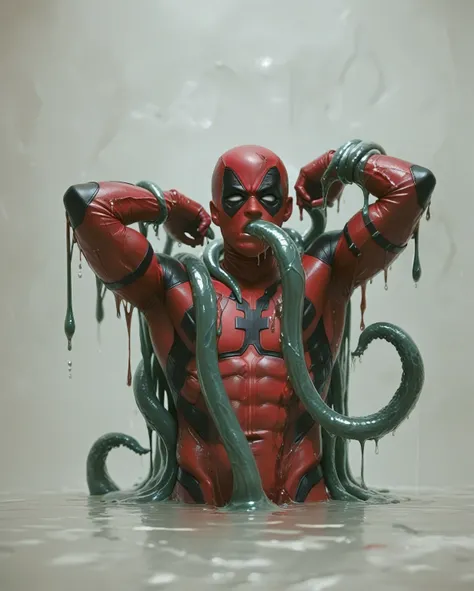 deadpool, superhero, tentacle entanglement,, monster breeding, wet, slime, tentacles, slimy tentacles, monster and human breedin...