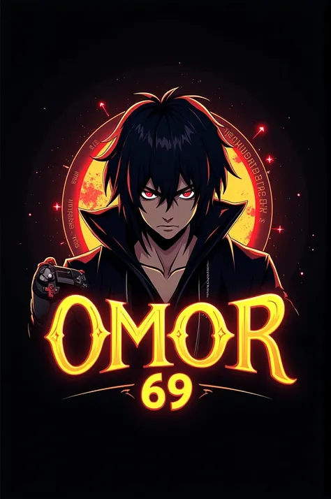 This is a gaming logo that features the name "OMOR 69" in a futuristic font and a neon Golden color. and Boy from.tokeyo ghoul main character 
. The logo also has a stylized controller icon. The logo is designed to be attractive and eye-catching, and to ap...