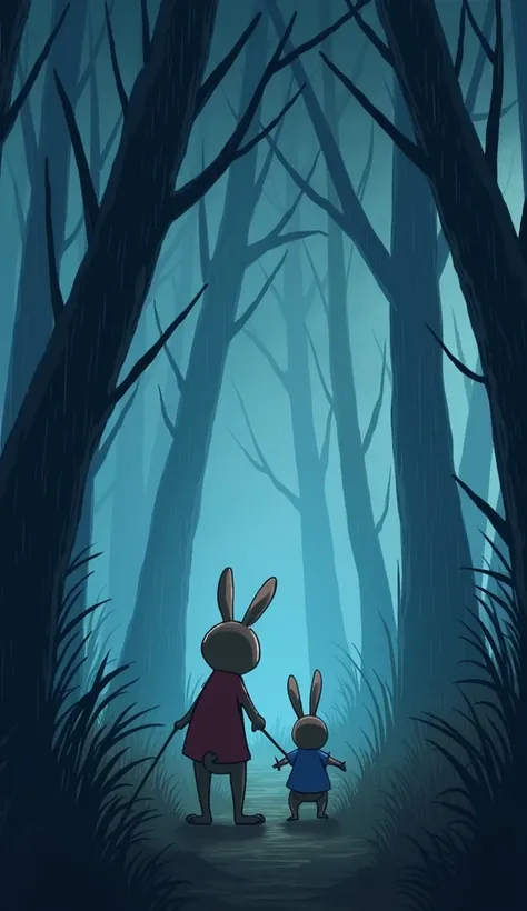 Title: The Brave Little Rabbit

Scene 2: The Stormy Night

Visual Idea: Dark clouds cover the sky, trees swaying in the wind, and the forest looks eerie.
Story: One stormy night, as the rain poured down and thunder roared, rabbit heard a strange sound comi...