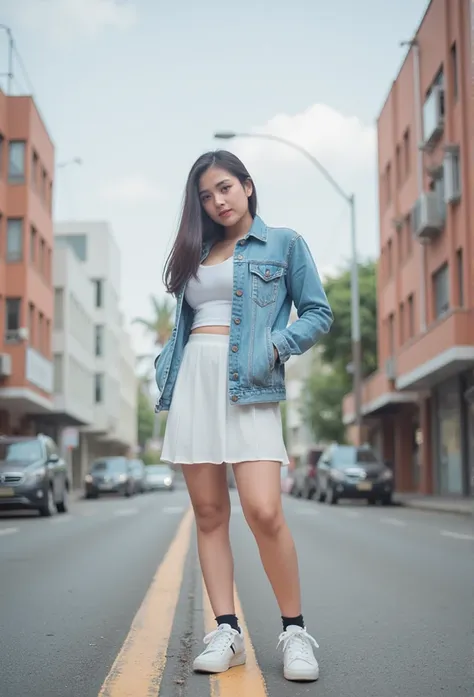 soft, take a photo, film,thai women,age 20 years, sport bra and pleated skirt,in city , sneakers, standing