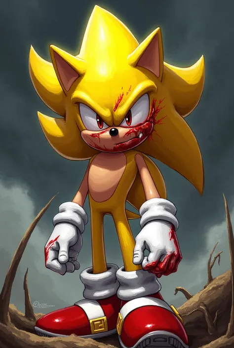 SSONIC, furry male, yellow fur, red eyes, white gloves. Create a digital drawing of Super Sonic, a furry male character with yellow fur, red eyes, and white gloves. The character should appear injured with visible blood on his face. Super Sonic’s expressio...