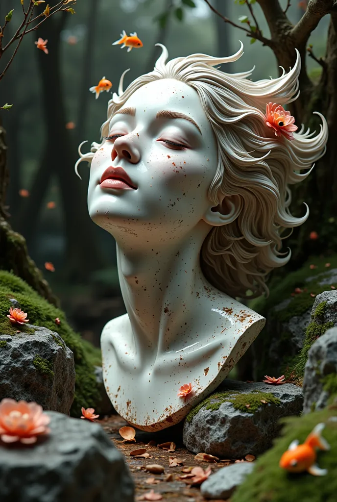 a beautiful illustration ：a detailed portrait sculpture of a person with eyes closed and head tilted back, in a forest setting w...