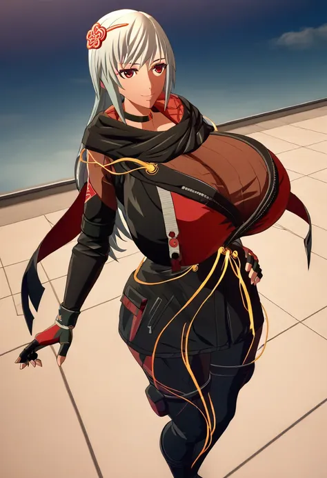 score_9, score_8_above, score_7_above, source_animated, BREAK 1girl,  looking at the viewer , smile,  hand on hip, DefKasane , long hair,  hair ornament , choker, black jacket, Gigantic breasts gigantic black scarf , red cape,  Separate sleeves , cables, r...