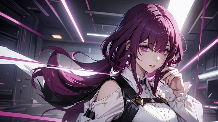 woman. alone. purple hair. squeaky eye .  wears a white dress shirt with a black vest over the top . has a confident face .  mus...