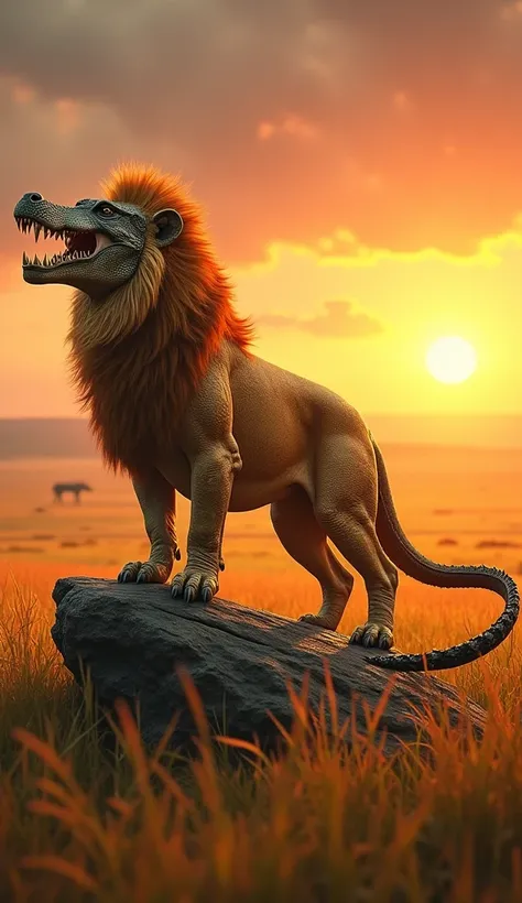 Heres a prompt for creating an image of a hybrid lion-crocodile with the same savannah background:

"Create an image of a hybrid creature that combines the features of a lion and a crocodile, set against a vibrant savannah landscape at sunset. This creatur...