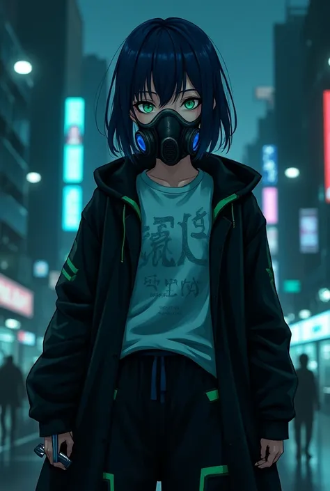  medium hair ,Indigo Hair, hair inner color is light blue ,Green Eyes,Gas mask,Neutral,Handsome Girls,Downer,lethargic , long t-shirt with light blue pattern on a white base , long hooded coat with blue lines on a black base on top of a long t-shirt, harem...