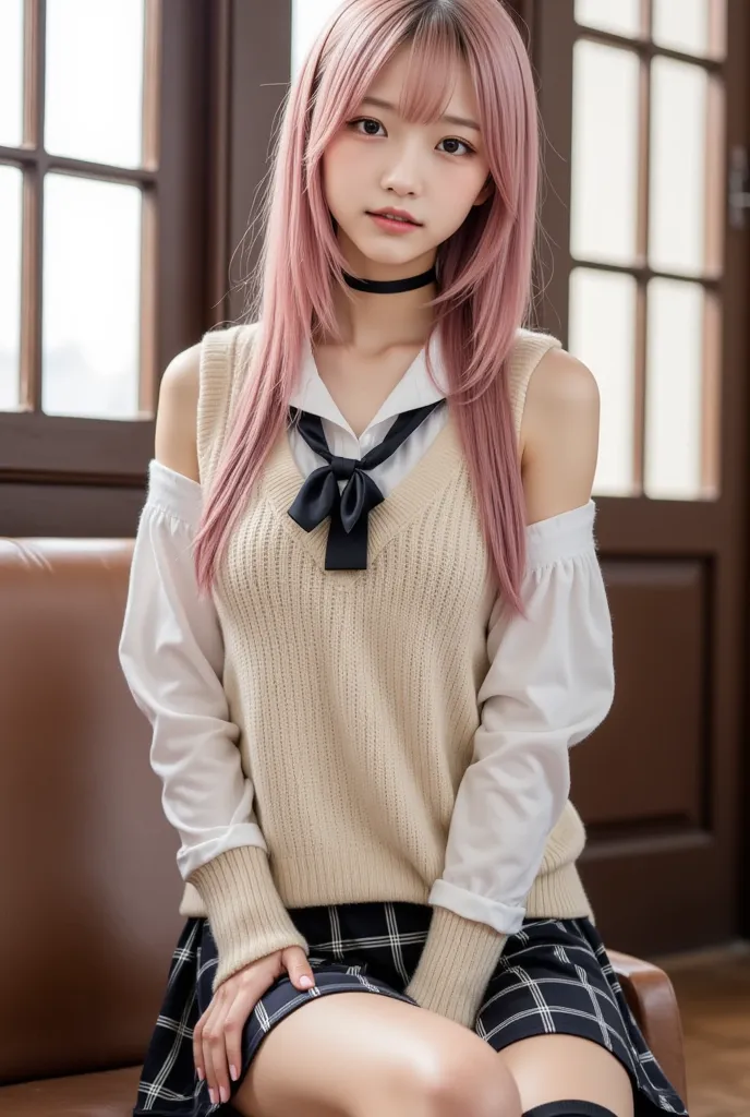 1Girl, gal,blush,make-up, portrait photo,sitting,
(gold,pink hair, two-tone hair),black ribbon, Hair Between Eyes,Very Long Hair,
School Uniform, Thigh Straps, Sweater Vest, Plaid Skirt,Knee-High Socks, Pleated Skirt, Skirt, Removable Sleeves, pink nails,black choker,(best quality, masterpiece, 8K, highest quality, hyperrealism, award winning), masterpiece, highest quality, high resolution, highly detailed photo, professional lighting,cafe