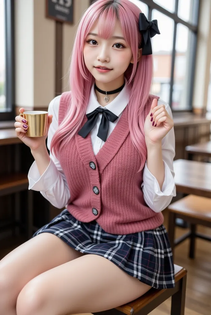 1 girl, gal, blush, makeup, portrait photo, sitting, holding mug, mug
(gold, pink hair, two-tone), black ribbon, hair between eyebrows, very long hair,
Uniform, Thigh straps, Sweater vest, Plaid skirt, Knee high socks, Pleated skirt, Skirt, Pink nail polish, Black choker, (Best Picture Quality, Masterpiece, 8K, Top Quality, Hyperrealism, Award Winning), Masterpiece, Top Quality, High Resolution, High Detail Photography, Professional Lighting Cafe