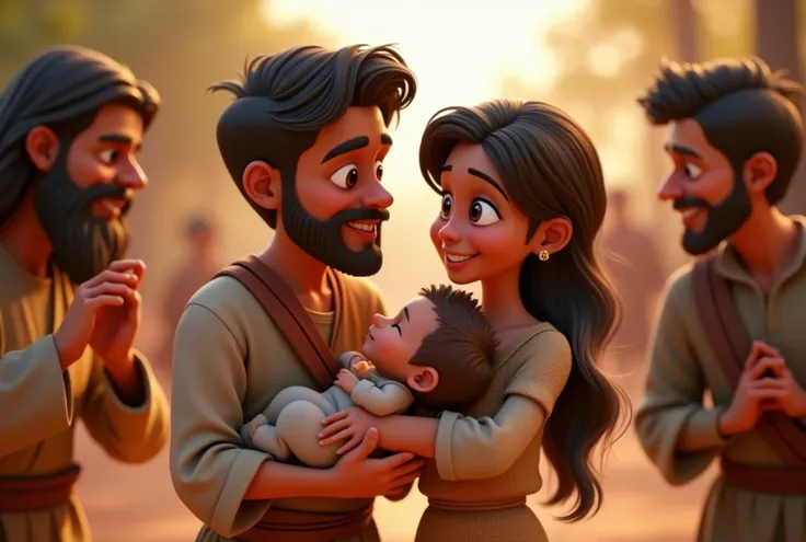 Create an image of a man and a woman giving their little baby to jesus, but got stoped by two men  Pixar style, ....3d, cartoons, detailed face, asymmetrical 16k